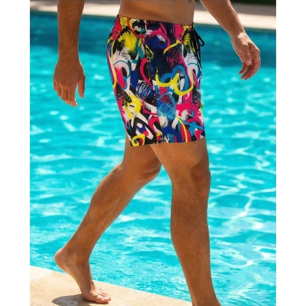 Speedo Mens‎ XL Volley Swim Trunks Purple Abstract Graffiti 4-Way Stretch NWT